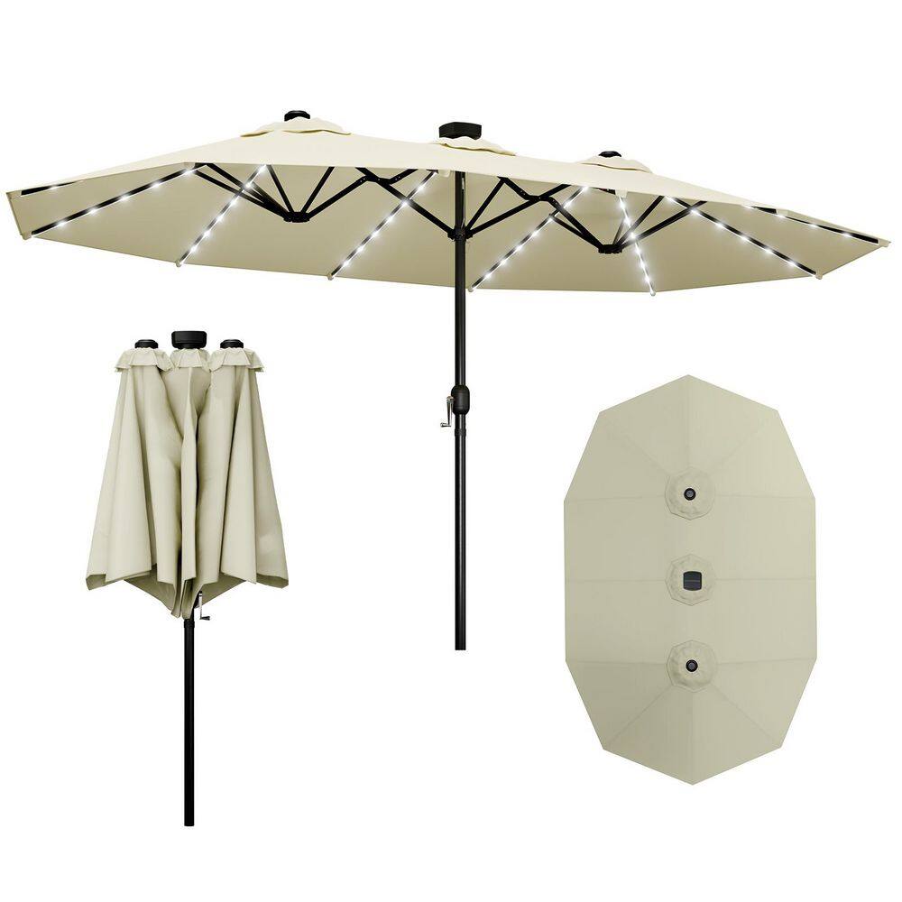 15 ft. Iron Hidden LED Lighted Outdoor Double Sided Umbrella Market Patio U