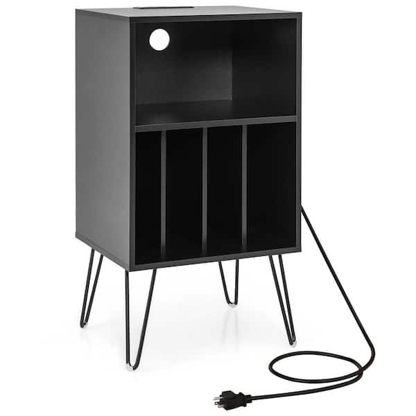 Costway Black 3-Tier Record Player Stand with Charging Station Shelf and 4-Dividers for Bedroom