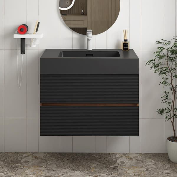 30 in. Wall Mounted Black+Brown Bath Vanity with Black solid surface Top Unassembled