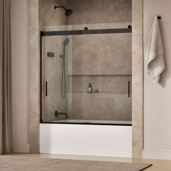 Levity 56-60 in. W x 60 in. H Frameless Sliding Bathtub Door in Matte Black with 1/4 in. Thick Clear Tempered Glass