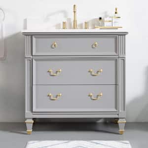 36 in. W x 22 in. D Solid Wood Single Sink Bath Vanity in Gray with Carrara White Quartz Top, Soft-Close Drawers