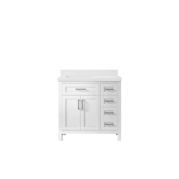Willow Collections Cambridge 36 in. W x 22 in. D x 36 in. H Left Offset Sink Bath Vanity in White with 2 in. White Quartz Top