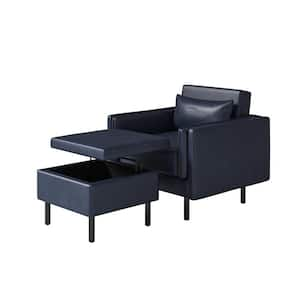 Harald Navy Modern Leather 35" Wide Armchair with Lift-top Storage Ottoman