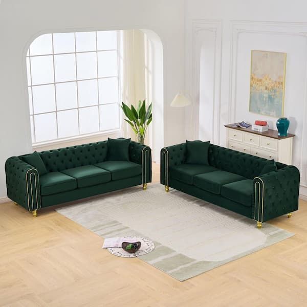 Dermot 2-Piece 86 in. Rolled Arm Velvet Rectangle 5 Seater Tufted Sofa in Green with Gold Legs, Pillows