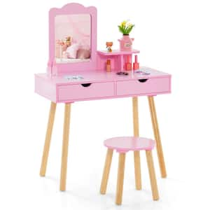 2-Piece Wood Top Pink Kid Vanity Table Chair Set with Mirror Large Storage Drawers