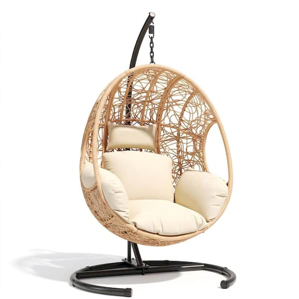 47.1 in Natural Metal  Outdoor Patio Swings with Beige Cushion for Patios