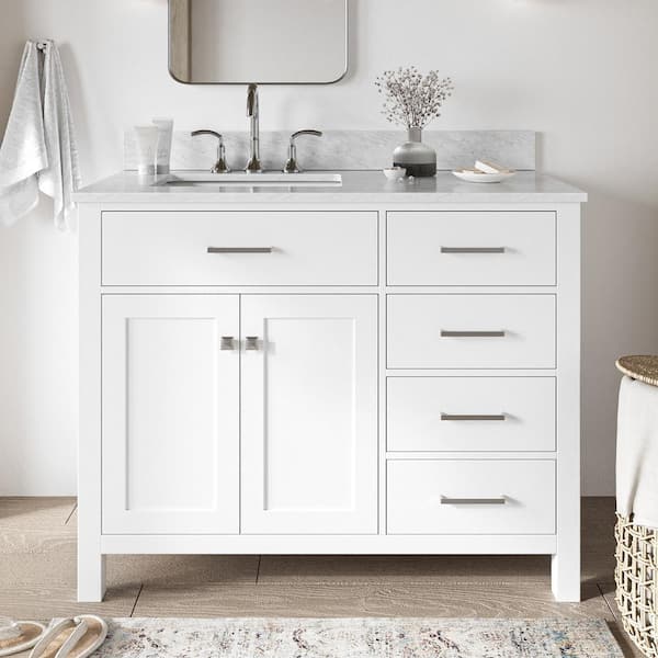 ARIEL Bristol 43 in. W x 22 in. D x 35.25 in. H Freestanding Bath Vanity in White with Carrara White Marble Top
