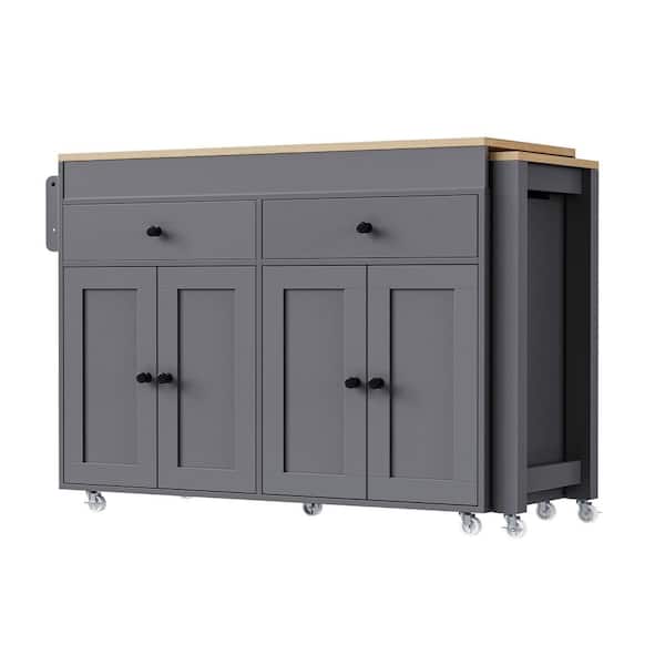 Gray Wood Top 74.5 in. Kitchen Island with Extendable Table, Hidden Wheels, and Ample Storage