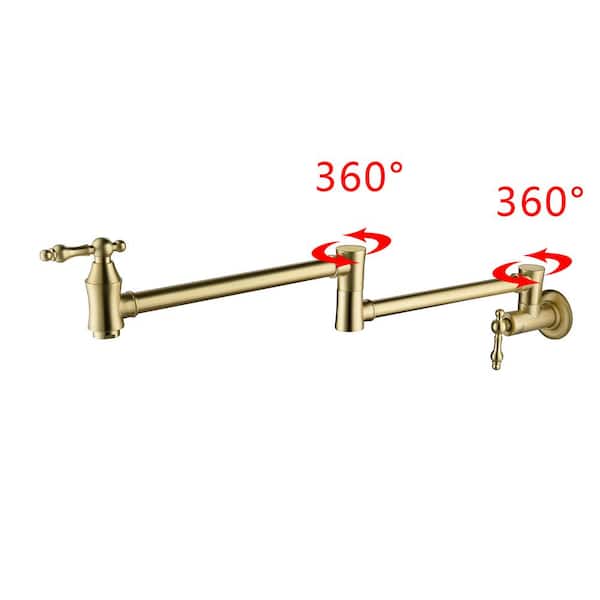 New Brushed Gold Brass Pot Filler Wall Mounted Kitchen Faucet Dual Handles Tap 