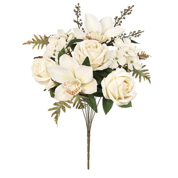 16 in. Cream Ivory Artificial Mixed Rose Cymbidium Orchid Hydrangea Flower Stem Bush Bouquet (Set of 2)