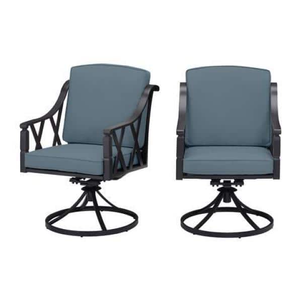 Hampton Bay Harmony Hill Black Steel Outdoor Patio Motion Dining Chairs with Sunbrella Denim Blue Cushions (2-Pack)