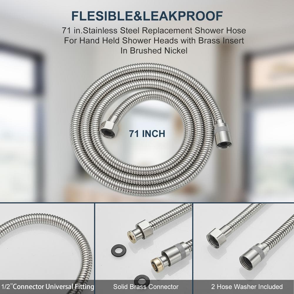 71-Inch Brushed Nickel Stainless Steel Shower Hose with Brass Insert