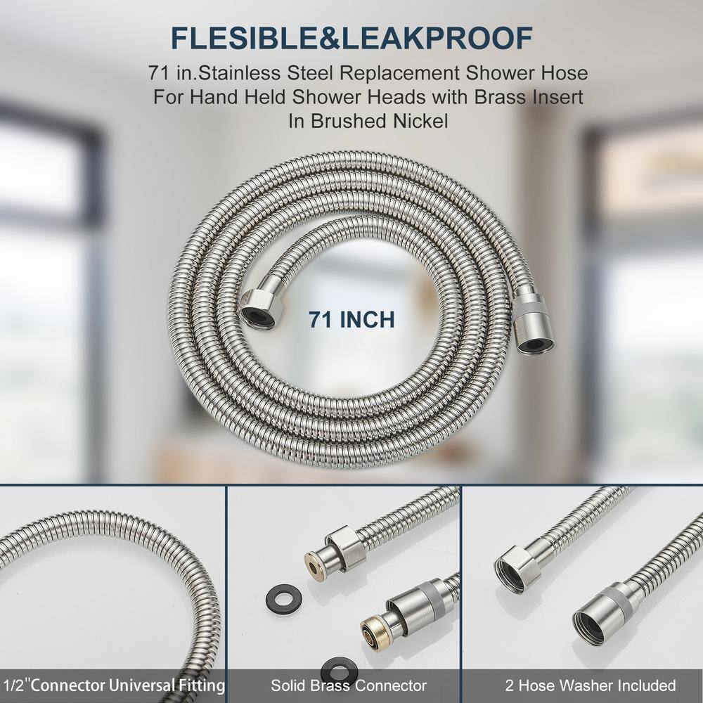 71-Inch Brushed Nickel Stainless Steel Shower Hose with Brass Insert