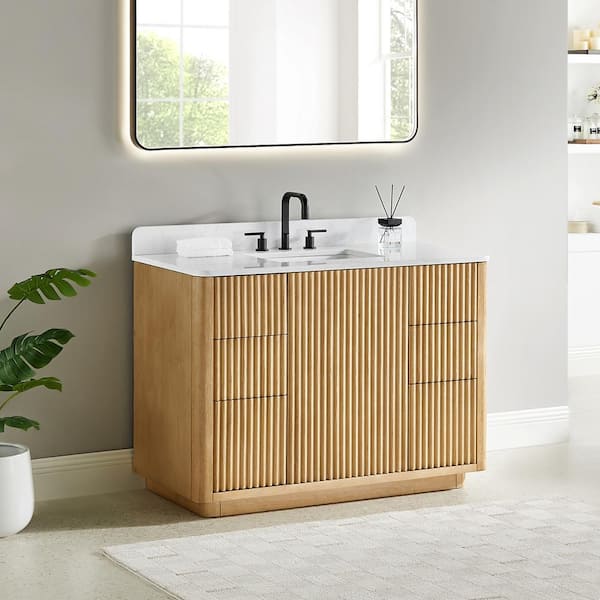Clayton 48 in. Single Freestanding Washed Light Brown Bath Vanity with Grain White Engineered Stone Top Assembled