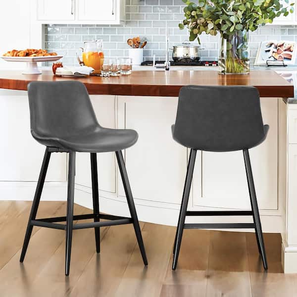OrangeOne 35 in. Dark Grey 24 in. Low Back Metal Frame Counter Height Bar Stool with Faux Leather seat 22 in.W x20 in. D(Set of 2)