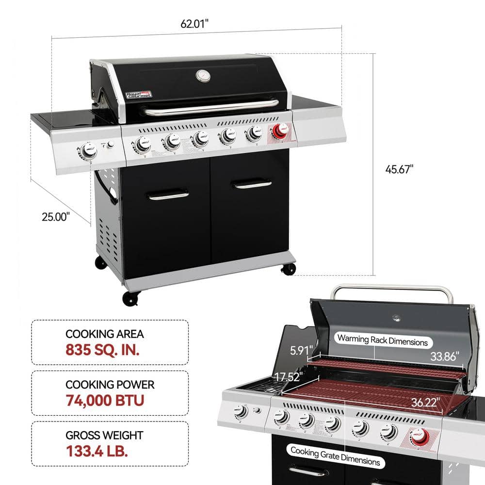Royal Gourmet Black 6-Burner Propane Gas Grill with Side Burner