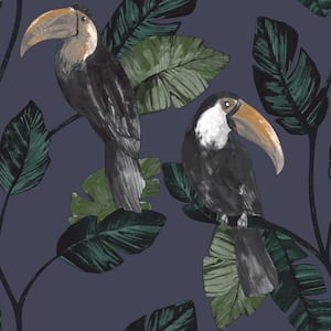 Navy Blue Tropical Toucans Easy to Remove Tropical Wallpaper, Double Roll