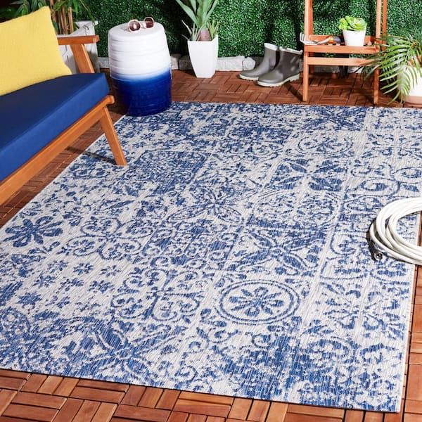 Courtyard Navy/Gray 7 ft. x 10 ft. Distressed Ornate Indoor/Outdoor Area Rug