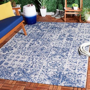 Courtyard Navy/Gray 8 ft. x 11 ft. Distressed Ornate Indoor/Outdoor Area Rug