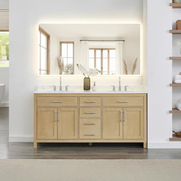 Beckett 72 in. Double Freestanding Whitewashed Oak Bath Vanity with Giotto Quartz Top