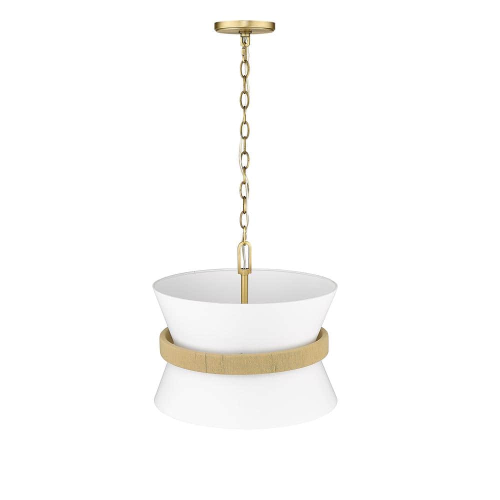 Vintage Brass Hourglass Pendant Light with White Drum Shade