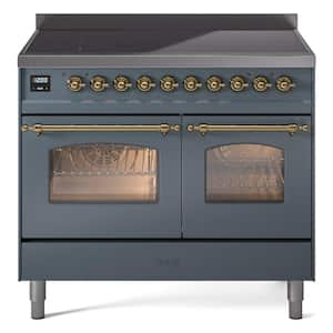 Nostalgie II 40 in. 6 Zone Freestanding Induction Range in Blue Grey with Brass Trim