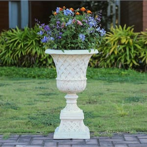 26.5 in. H. Aged White Cast Stone Fiberglass Lattice Urn and Pedestal