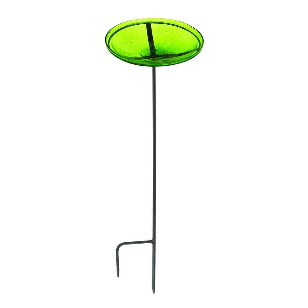 Fern Green Hand Blown Glass Birdbath with Stake