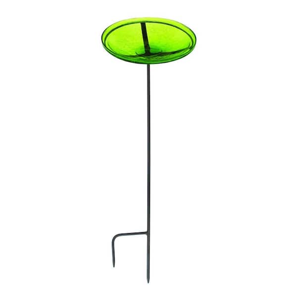 ACHLA DESIGNS 14 in. Dia Fern Green Reflective Crackle Glass Birdbath Bowl with Stake