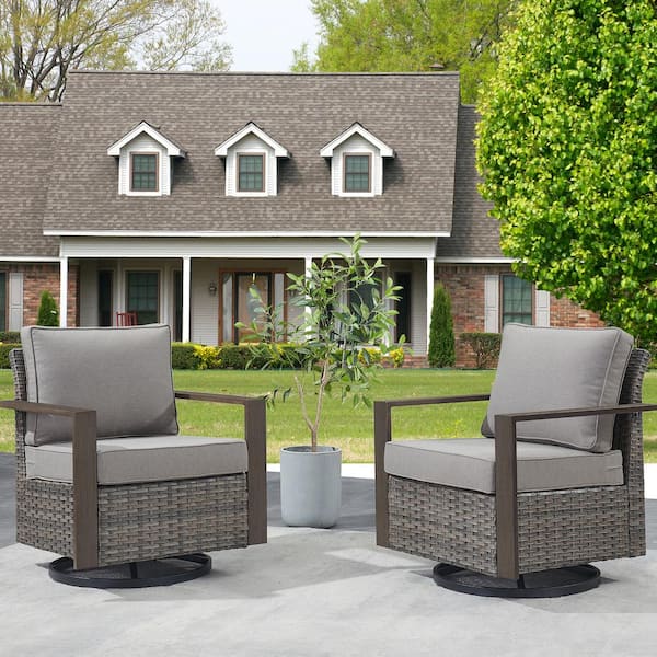 moosprr Gray Swivel Glider Wicker Outdoor Rocking Chair with Gray Cushions and Square Metal Armrest (2-Pack)