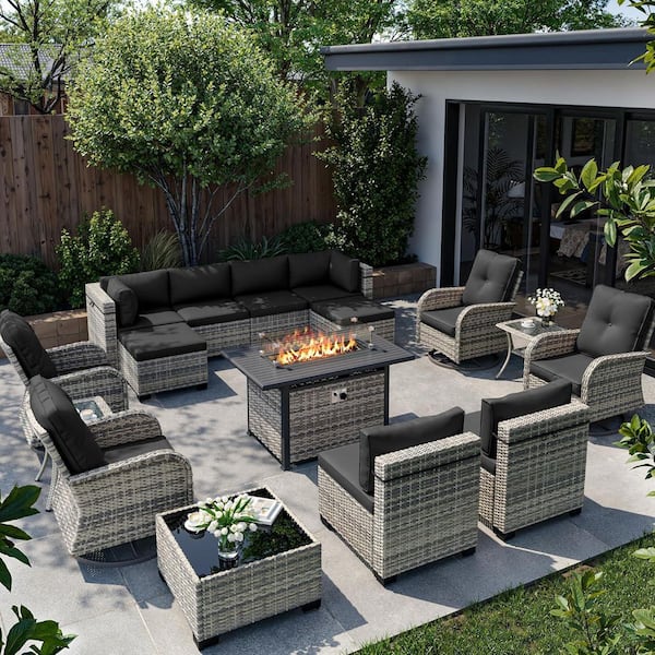 16-Piece Wicker Patio Conversation Set with 55,000 BTU Fire Pit Table and Glass Top Table with Dark Gray Cushions