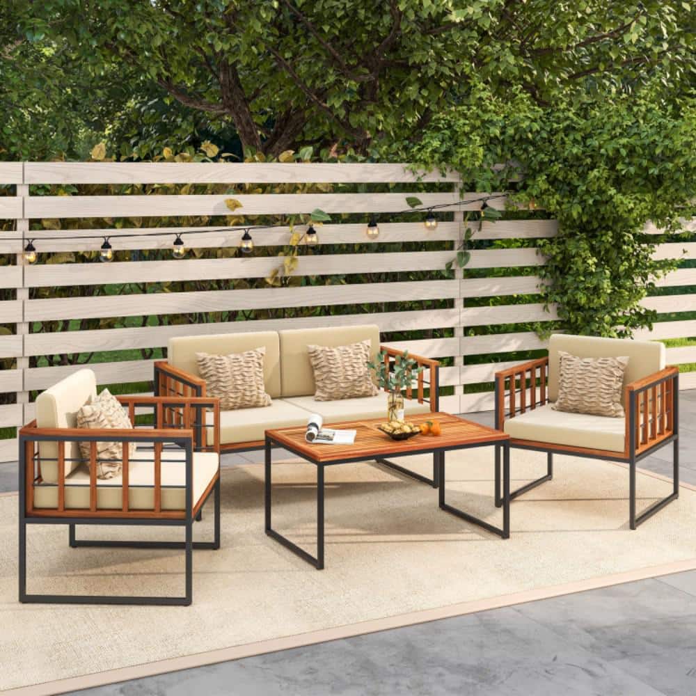 Kadehome 4-Piece Acacia Wood Patio Conversation Set with Beige Cushions ...