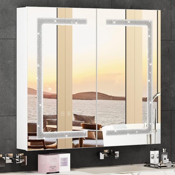 FUFU&GAGA 31.3 in. W x 35.4 in. H Rectangular Surface Mount Bathroom Medicine Cabinet with Mirror, Anti-fog, LED Strip w/Crystal