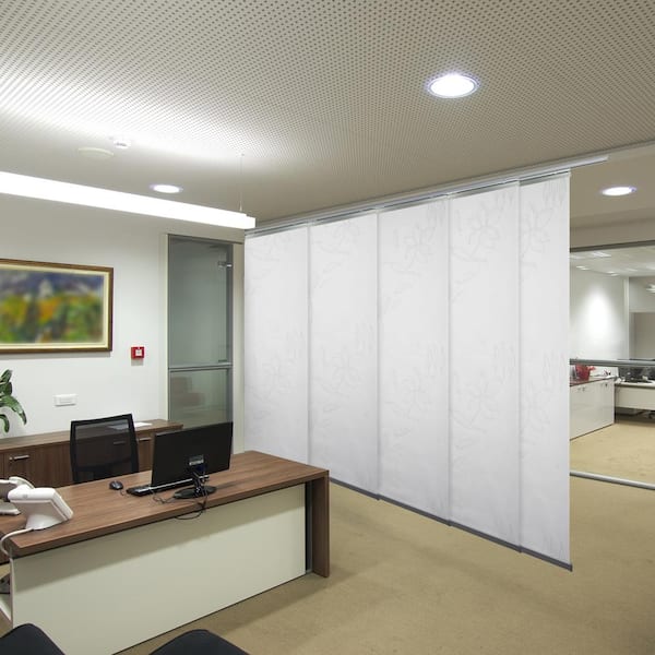 Sartodoors Primrose 58 in. - 110 in. W x 94 in. L Adjustable 5- Panel White Single Rail Panel Track with 23.5 in. Slates