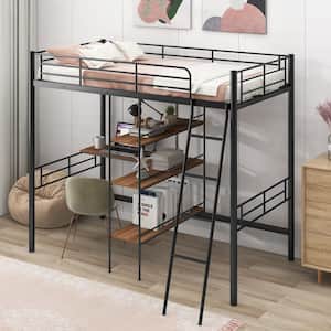 Black Twin Size Metal Loft Bed with Built-in Wood Desk, 3-Tier Shelves, Inclined Ladder