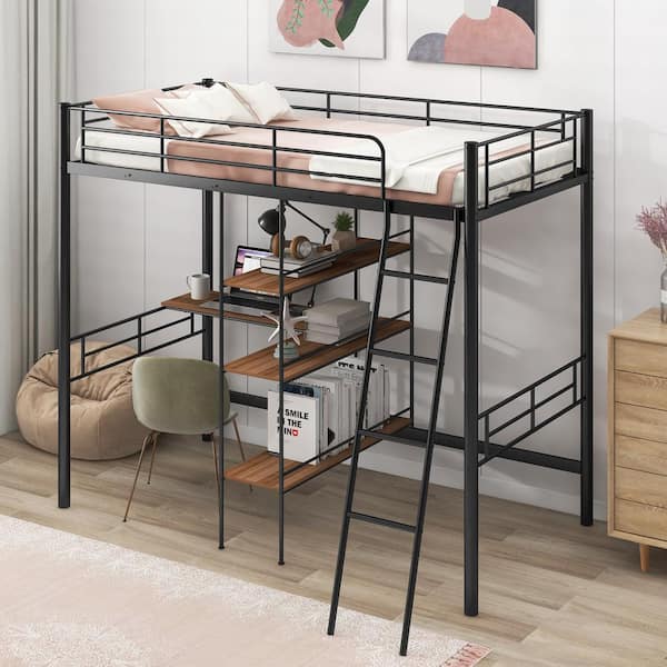 Harper & Bright Designs Black Twin Size Metal Loft Bed with Built-in Wood Desk, 3-Tier Shelves, Inclined Ladder
