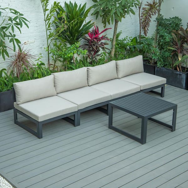 Leisuremod Chelsea Black 5-Piece Aluminum Patio Conversation Set with Beige Cushions