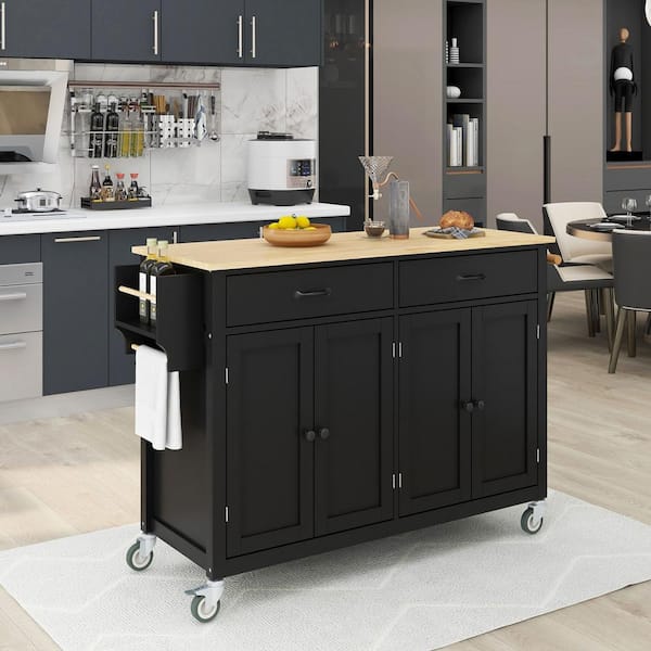 YOFE Black Kitchen Island Cart with Solid Wood Top & Locking Wheel 4-Door & 2-Drawer Kitchen Cart with Spice Rack Towel Rack