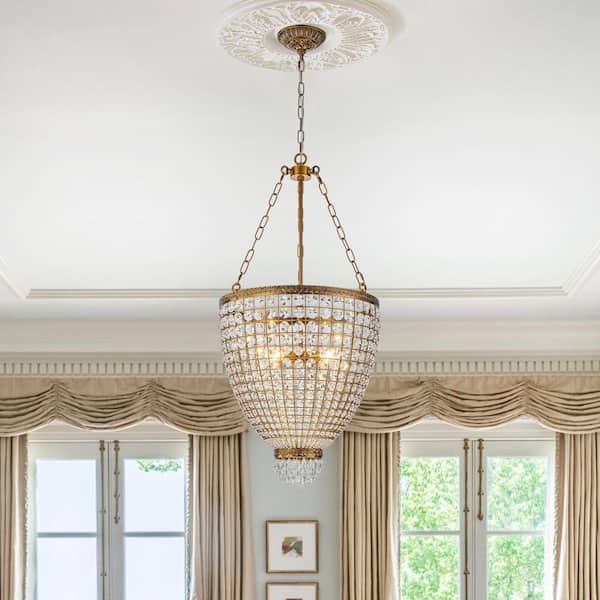 Allenglade 4-Light Antiqued Gold Basket Crystal Chandelier