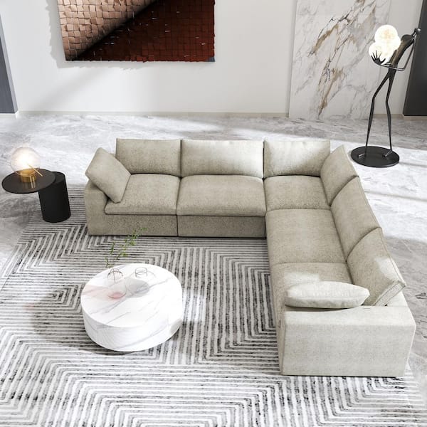 120 in. Square Arm Linen Deep Seat L Shaped 5-Piece Sectional Sofa in Light Brown with Removable Covers for Living Room
