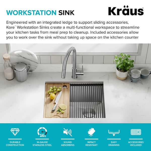 Kraus KWU11028 Kore™ 28 Inch Undermount Workstation Single Bowl