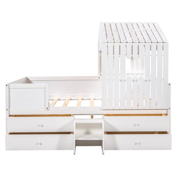 URTR White Full Size House Low Loft Bed with Four Drawers, Wooden