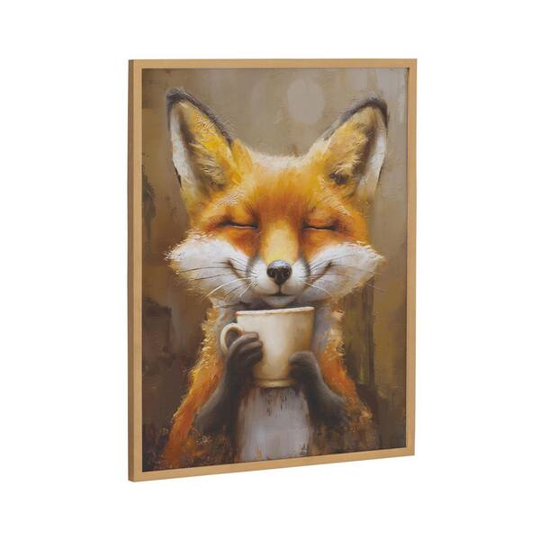 Kate and Laurel Gallery Happy Fox Traditional Coffee Tea Cup by The Creative Bunch Studio Gold Framed Art Print 16 in. x 20 in.