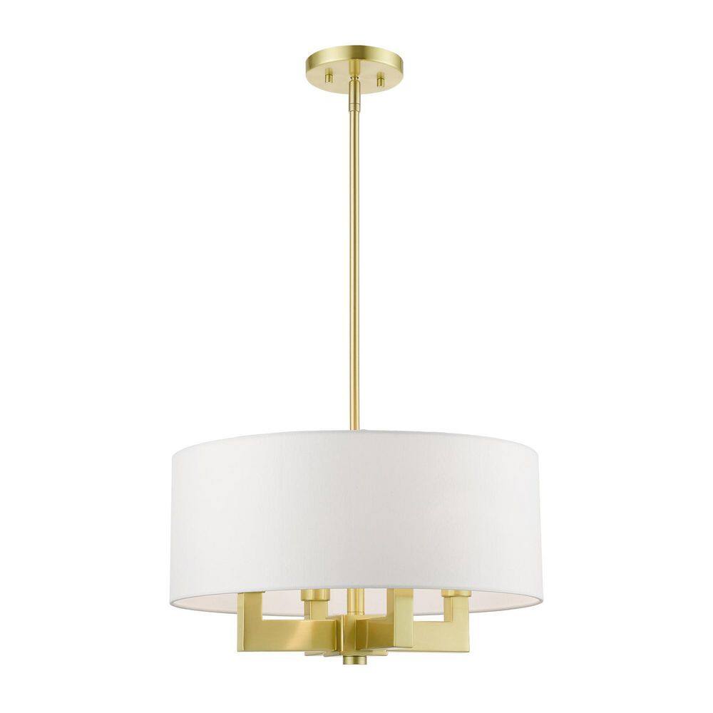 Mini Drum Satin Brass 4-Light Chandelier with Off-White Shade