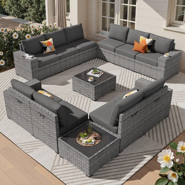 Lanora Gray 12-Piece PE Rattan Wicker Outdoor Patio Sectional Sofa Set with Black Cushion and Coffee Table
