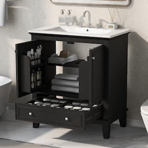 30 in. W x 18.3 in. D x 34.05 in. H Single Sink Freestanding Bath Vanity in Black with White Ceramic Top