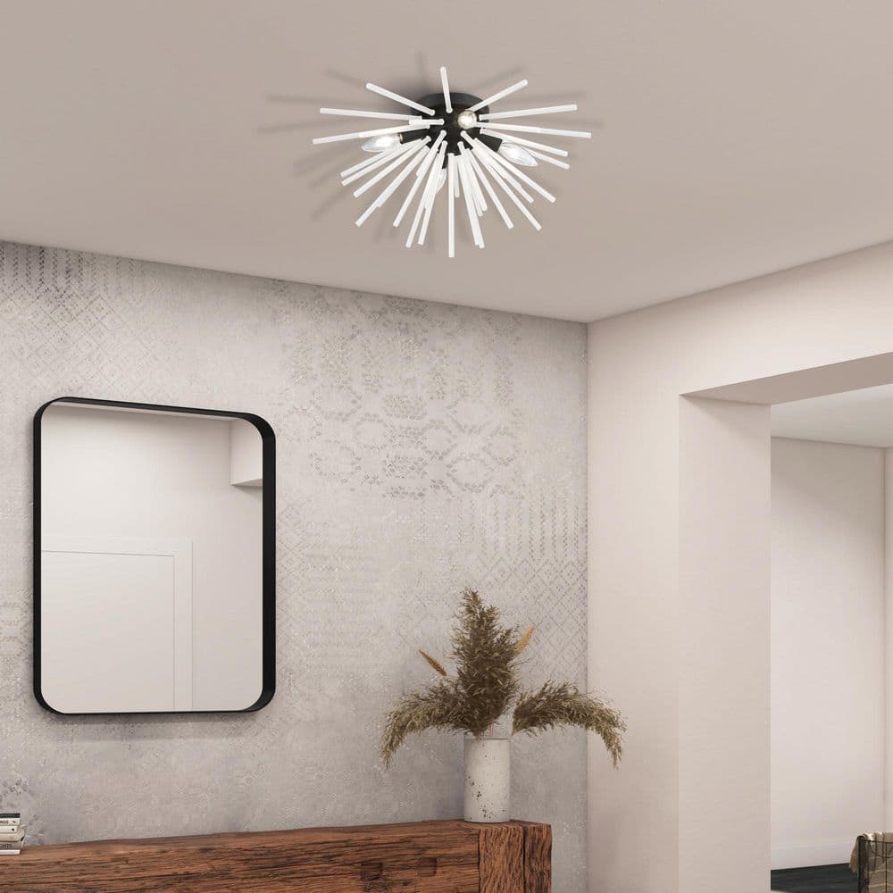 Uptown Elegance 4-Light Black Brass Flush Mount with Acid Etched Rods