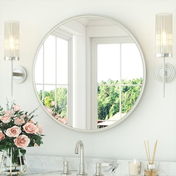 28 in. W x 28 in. H Round Metal Brushed Nickel Framed Modern Wall Mounted Bathroom Vanity Mirror Wall Mirror