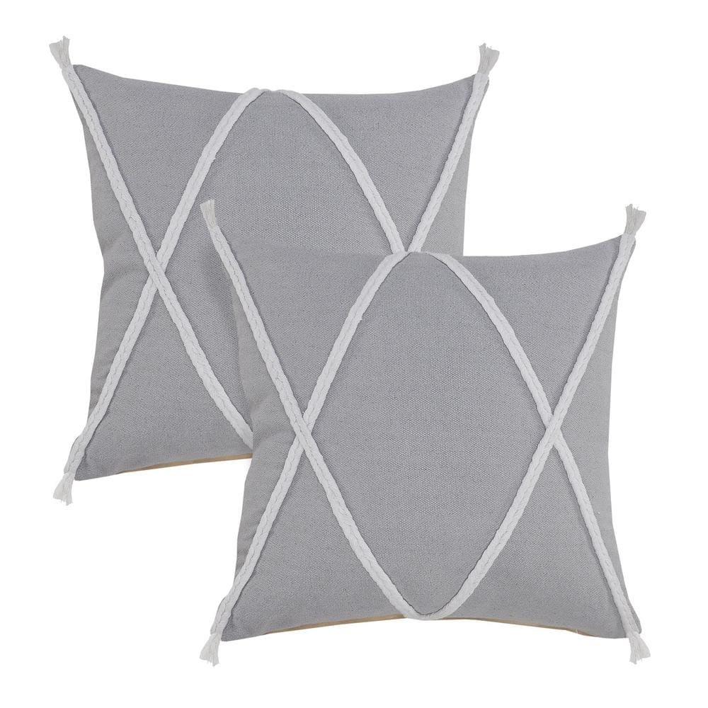 Coastline Gray Bordered Hand-Woven 20 in. x 20 in. Indoor Throw Pillow Set 