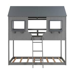 Gray Twin Over Twin Bunk Bed Daybed with Roof, Window, Guardrail, Ladder